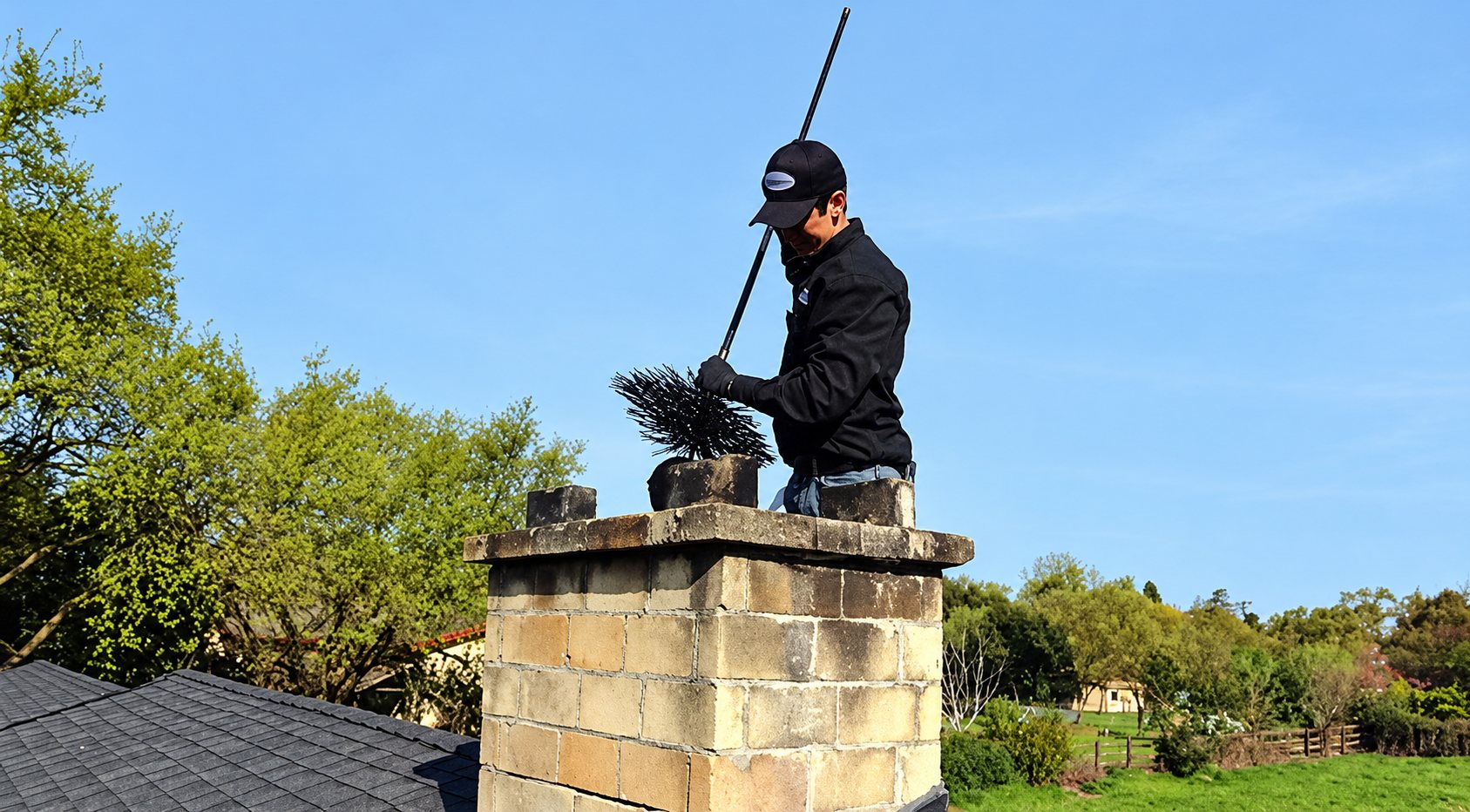 Un ramoneur vêtu de noir et coiffé d'une casquette ramone une cheminée en briques à l'aide d'une longue tige et d'une brosse, sur un toit entouré d'arbres.