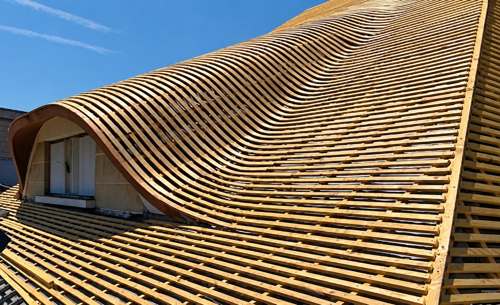 Vue rapprochée d'une toiture en lattes de bois clair aux formes ondulées, avec une lucarne arrondie sous un ciel bleu.